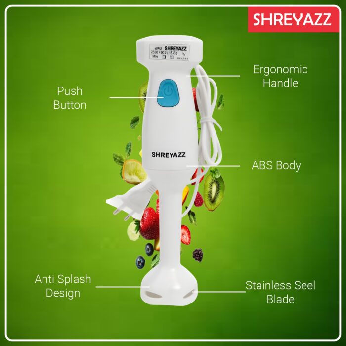 SHREYAZZ Home Electric Hand Blender | Stainless Steel Blades | Multi-Purpose Beating, & Blending | Ergonomic Design & Dishwasher Safe | Ideal for Smoothies, Soups & Sauces (White) - Image 3