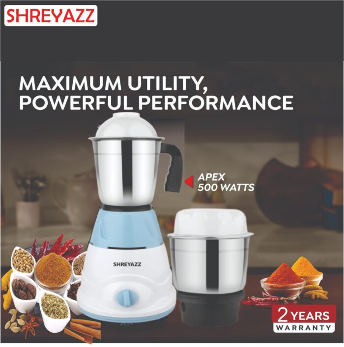 Shreyazz Mixer Grinder, 2 Stainless Steel Jars, Blue and White - Image 2
