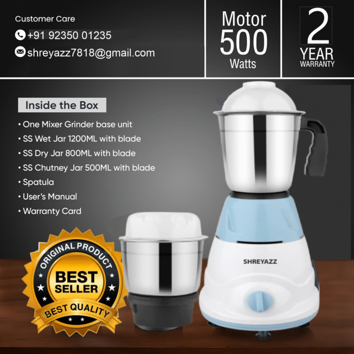 Shreyazz Mixer Grinder, 2 Stainless Steel Jars, Blue and White - Image 5