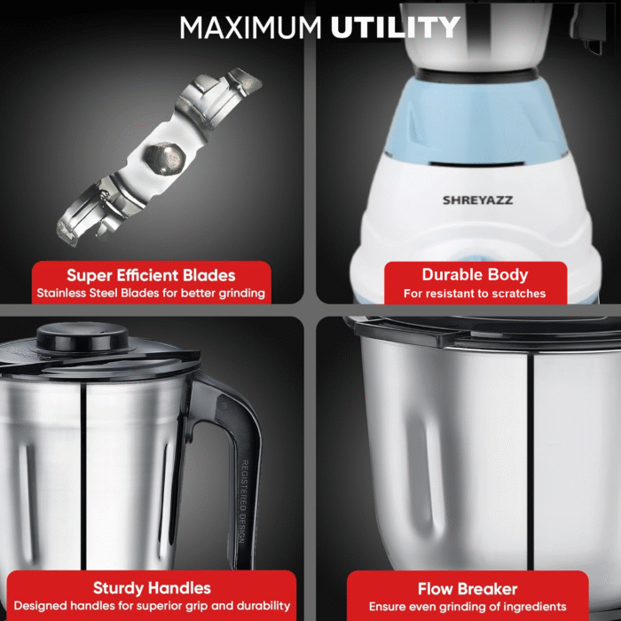 Shreyazz Mixer Grinder, 2 Stainless Steel Jars, Blue and White - Image 4